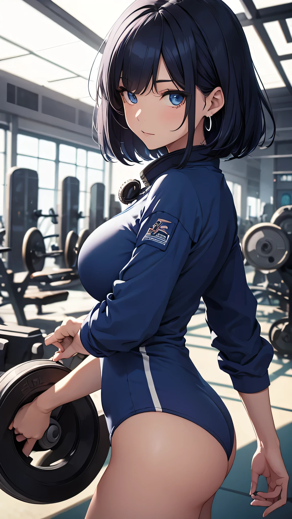 beautiful girl, Navy Blue Hair,Short Hair(Inward Curling Bob) ,blue eyes,Gym suit(Bloomers), Large Breasts、blue earrings
