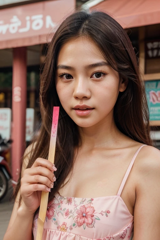 medium:illustration,beautiful detailed eyes and face,long hair,perfect face,Thai girl,16 years old,soft pink lips,short red dress, vibrant colors, exquisite details, (best quality, masterpiece:1.2), youthful look,licking ice cream stick