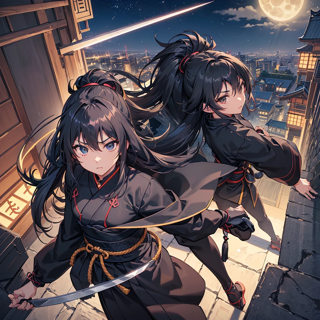 ((blackい髪　Long Hair　Ninja　black　Kunoichi　one person　Lonely))　((night　Overlooking the city　Japanese style　old))　(Dance　short sword)　moon　star　Jump　Aerial　drop down)　Draw your sword　Slashing　Catch the wind　print　