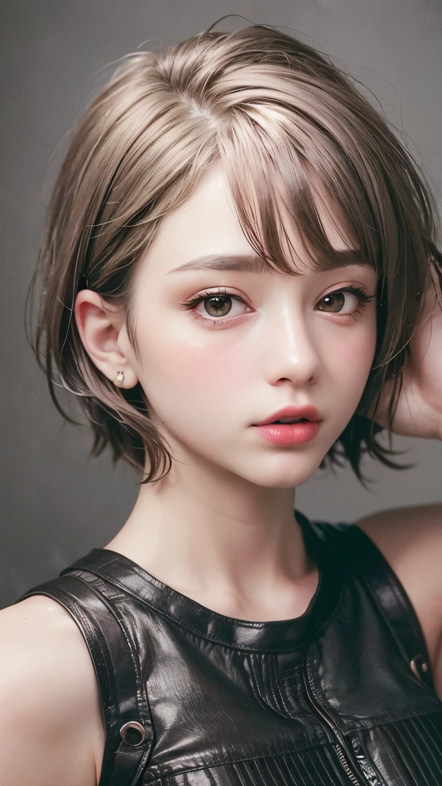 Masterpiece hyperrealist & Photorealistic beautiful girl, Realistic Skin (Pore-filled skin) Short Bob Cut Hair, Realistic red lips,Punk Girl, (head shot:1.5),Leather shorts