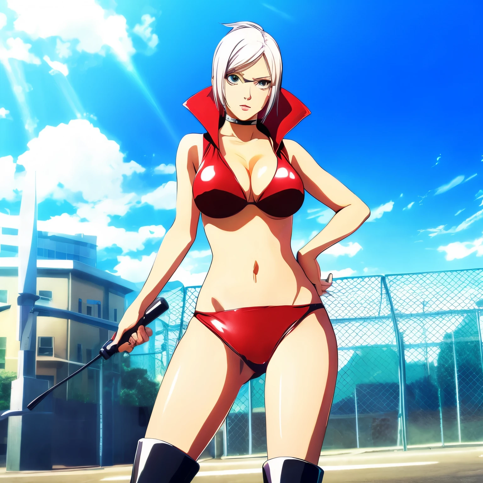 ,{{{{{{{{popped collar}}}}}}}},latex, bikini,sleeveless, cleavage, knee boots
