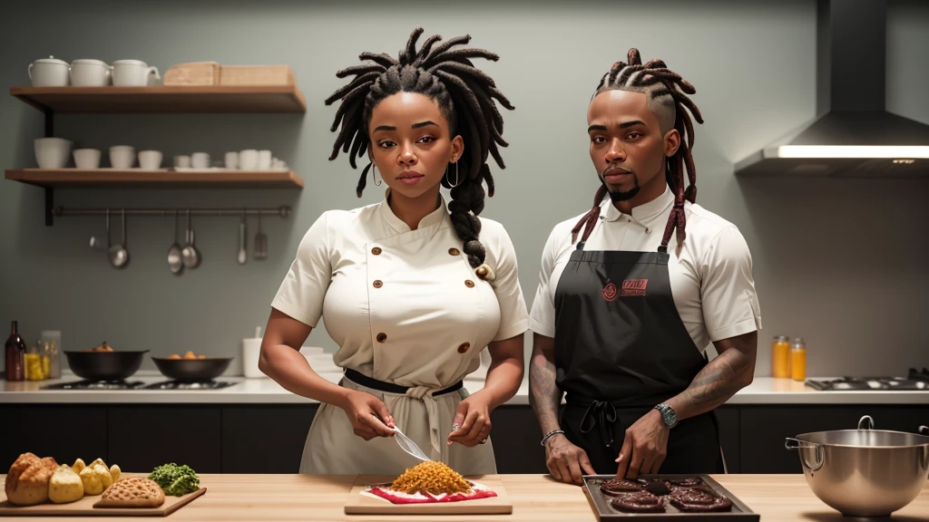 Homen negro master chef chefe de cozinha com pequenos dreadlocks pele preta ensinando os cozinheiros masculinos, rosto perfeito, ((melhor qualidade)), ((obra de arte))