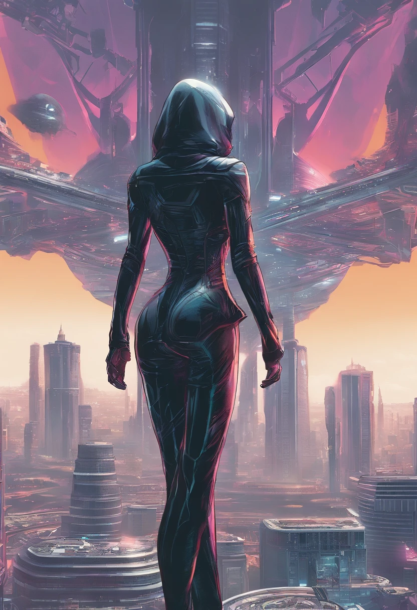 image taken from behind the shoulder of a GIRL with her back turned and DRESSED IN A HOOD from a balcony of a futuristic building with, She is looking at an aerial view of an ultra-futuristic North American megalopolis, view of the entire city with many metal buildings and houses in dark colors from dark blue to black, a cidade tem tons de cinza metal, has smoky metal structures , industrial environment with smoke and fog around, carros escuros nas ruas, cidade de metal, tem trilhos e trens modernos de carga passando estre as ruas da cidade, tall futuristic metal buildings, many ultra modern buildings around, as realistic as possible, As detailed as possible, Science fiction