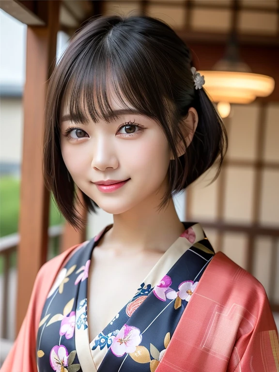 (highest quality:1.5)、(Real:1.5)、(1 person:1.5)、Medium Shot、(Very detailed)、(High resolution)、8k、美しい和柄のkimono、cute和柄の帯、kimono、Small breasts、Natural color lip、Cute smile、Japanese women、20 year old girl、Thin eyebrows、Beautiful and elegant face、Cute face、Cute eyes、Big eyes、Big Eyes、Fair skin、Beautiful and elegant face、Natural Bangs、Beautiful and thin nose、 Beautiful Skin、Medium Bob Hair、Natural Bangs、Perfect and beautiful facial features、Slim face and figure、(Looking at the camera with a cute expression)、(Bright lighting)、Professional Lighting、(Lighting from the front)、Adorable smile、cute、Simple Background、Outdoor、Beautiful clavicle、Graceful pose、振袖付きkimono、振袖付きcutekimono、(cutekimono)、(cutekimono)、Beautiful clavicle、Upper Body、