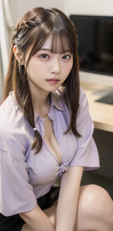masterpiece、highest quality、8k，Ultra-high resolution、RAW Photos、Ultra-high resolution、日本people、beautiful girl、１people、woman, (Braided top knot,Twisted Side Part Ponytail Braided Headband,Half Up、Braided Space Van,Voluminous fishtail braid,Twisted pan),(Asymmetrical bangs)、 (Ultra-realistic),Round face、 Fine and beautiful eyes、double eyelid、Thin eyebrows、(eye shadow(Shrimp brown))、Rich dreamy make-up、Thin lips, (Loose fitting blouse)、 (Micro Mini Skirt(light lavender color))、A kind smile,  Professional photography, Cinematic Light, (Very beautiful face: 1.2),(Large :1.2)、Saggeasts、Clexposed tluptuous thighs、Smooth calves、、daytime office、In front of the computer、sitting in an office chair、Head to knee photo