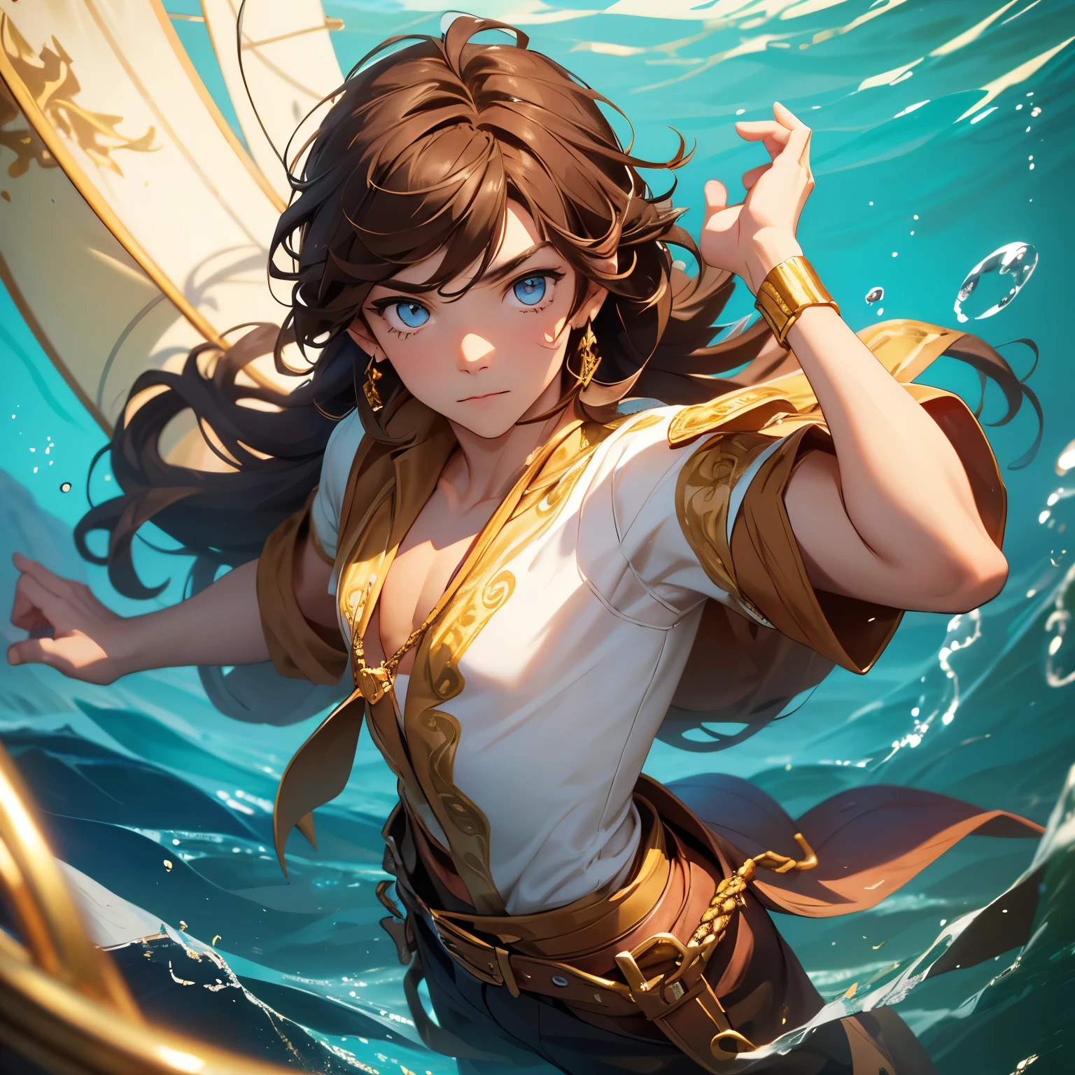 A boy with brown hair and eyes dressed as a pirate, a mermaid girl brown hair with gold and honey colored eyes 