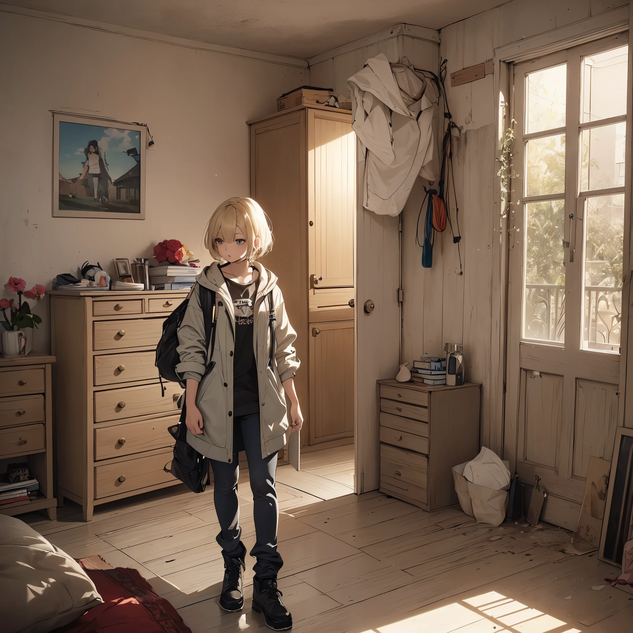 ((20-year-old woman,Blonde short bob hair,She is walking through an empty room)),Huge kids room,A room with children's graffiti,Messy room,Dim electricity,Dimly lit room,There are many long and thin monsters,Uneasy atmosphere,