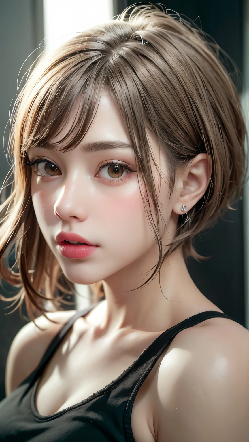 Masterpiece hyperrealist & Photorealistic beautiful girl, Realistic Skin (Pore-filled skin) Short Bob Cut Hair, Realistic red lips,Punk Girl, (head shot:1.5),Shorts