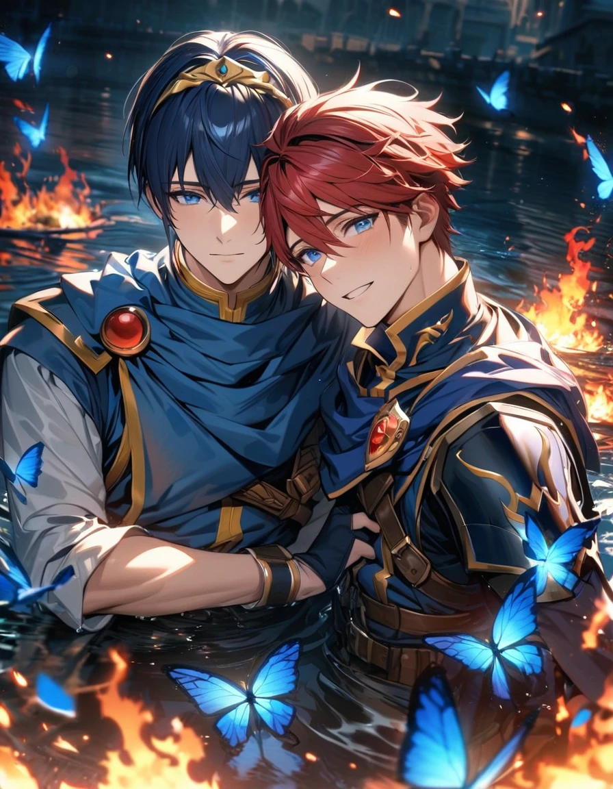 absurdres, highres, ultra detailed, HDR, master piece, best quality, Roy, red hair, expressive blue eyes, Fire Emblem, Marth, dark blue hair, expressive blue eyes, two men together, gay couple, handsome, water, blue flowers, blue petals, blue butterflies