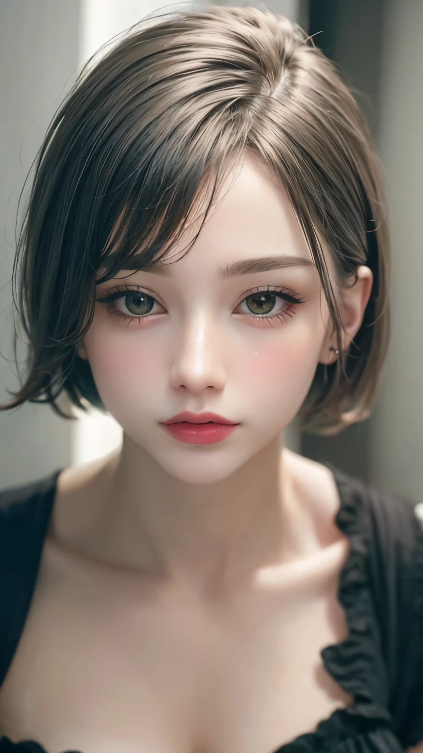 Masterpiece hyperrealist & Photorealistic beautiful girl, Realistic Skin (Pore-filled skin) Short Bob Cut Hair, Realistic red lips,Punk Girl, (head shot:1.5),Shorts