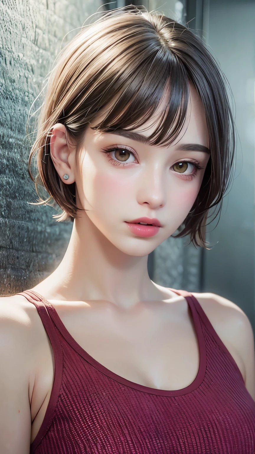 Masterpiece hyperrealist & Photorealistic beautiful girl, Realistic Skin (Pore-filled skin) Short Bob Cut Hair, Realistic red lips,Punk Girl, (head shot:1.5),Shorts