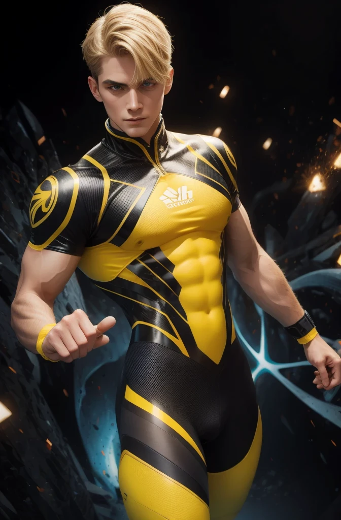 super-hero, man, 23-year old, short blond hair, blue eyes, (yellow and black tights), (morphing into protoplasm), photorealistic, particle effects, raytracing, depth of field,