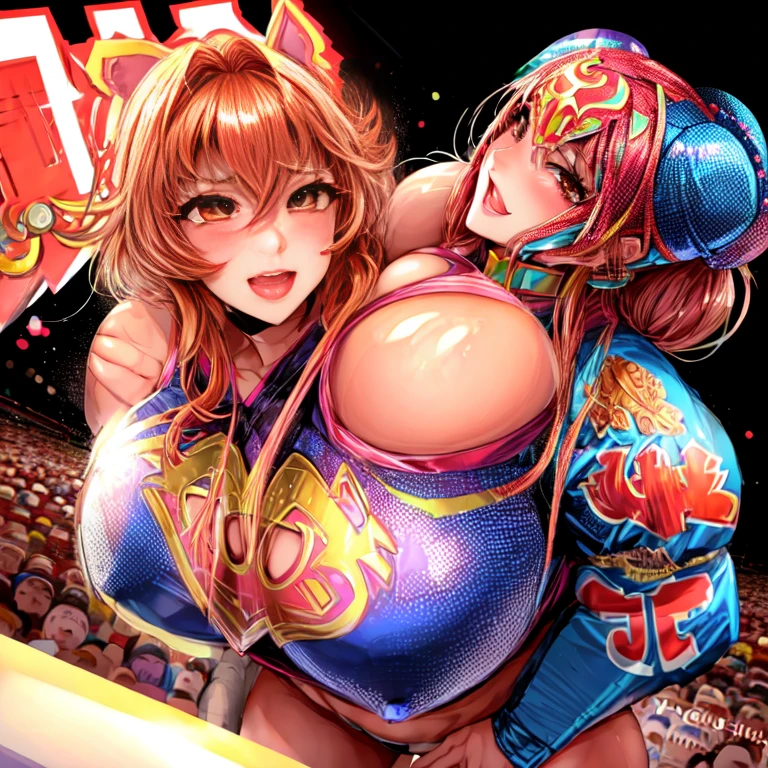 Woman dressed as a luchador_mask, 、Camel Toe、Giant tit、Nipple Puffs、Cleavage、Plump、Super big breasts、Super big butt、Put it on the ring、Professional wrestler、Quite lewd、Full body photo、Group photo、multiple、Beach、Pro wrestling、Moonsault Kick、audience、Cheers、!Super star