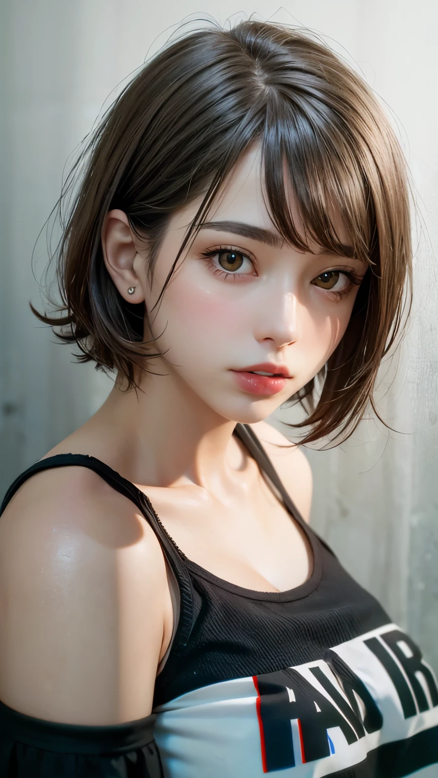 Best Quality, Photorealistic, 8K, hight resolution, fulcolor, girl with, 20yr old female, (Closed mouth:1.73), fulcolor, Looking at Viewer:1.8, (1girl eyes looking at viewer:1.55), (Short hair, brawn hair, parted hair:1.45), (Bokeh),Hakata yukata,tiny chest,
