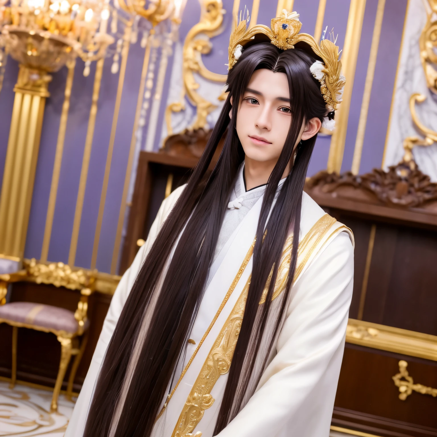 A young anime man with the following characteristics: delicate face and long, dark chocolate-colored hair with an elaborate hair crown and several hairpins, presilhas e pendentes. He is wearing a gold and white hanfu with few purple details and is petting a white lynx in an expensive room with marble walls and columns and gold furniture..