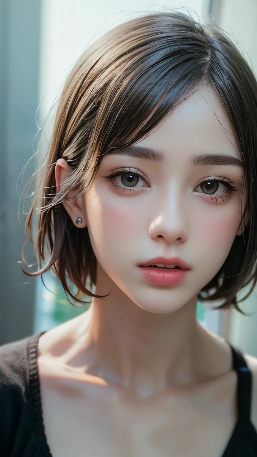 Masterpiece hyperrealist & Photorealistic beautiful girl, Realistic Skin (Pore-filled skin) Short Bob Cut Hair, Realistic red lips,Punk Girl, (head shot:1.5),Shorts
