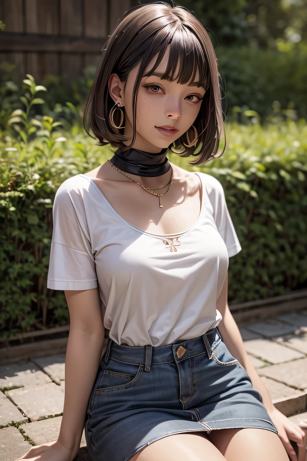 (8k, RAW Photos, highest quality, masterpiece, Realistic, Realistic), (1 female), (Ultimate beauty), Highly detailed face, (Perfect Teeth), Beautiful Eyes, double eyelid, eyelash, smile, Lip details, Brunette Bob, The light shines on your face, Big Breasts, ((T-Shirts)), (Tight mini skirt), (background: garden), ((Written boundary depth))