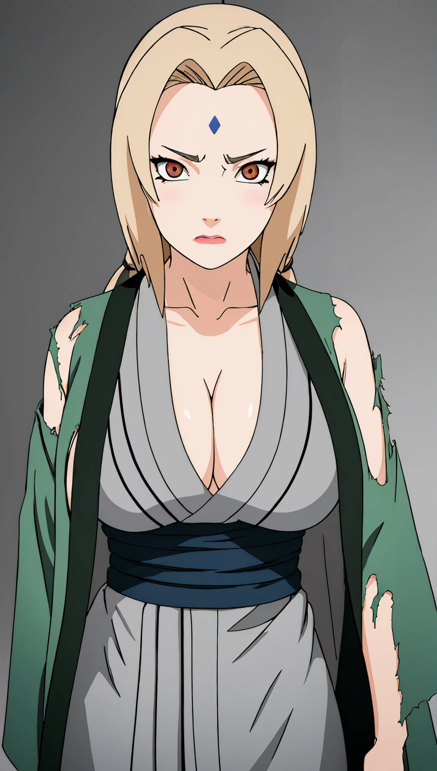 (masterpiece, highest quality:1.2), alone, One Girl, Tsunade Defense, Forehead mark, View your audience,Browsing Caution、((Sad face、tits丸見え、Torn clothes))、tits、Open kimono, Green haori, Gray kimono, sash, pants 、Upper body close-up、Close-up of a person、Beautiful girl with beautiful details, very cute, Beautiful girl with beautiful details, professional photography lighting, Highly detailed eyes and face, Beautiful eyes in every detail、Beautiful detailed hair, Beautiful and exquisite cold face、