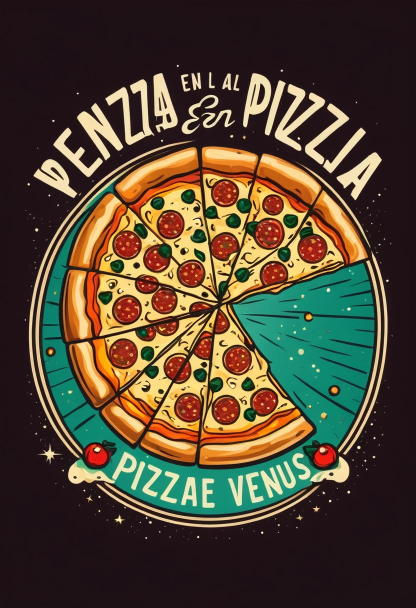 LOGO DE LA MITAD DE UNA PIZZA EN EL PLANETA VENUS CON COLORES VINTAGE Y ESTILO RENACENTISTA