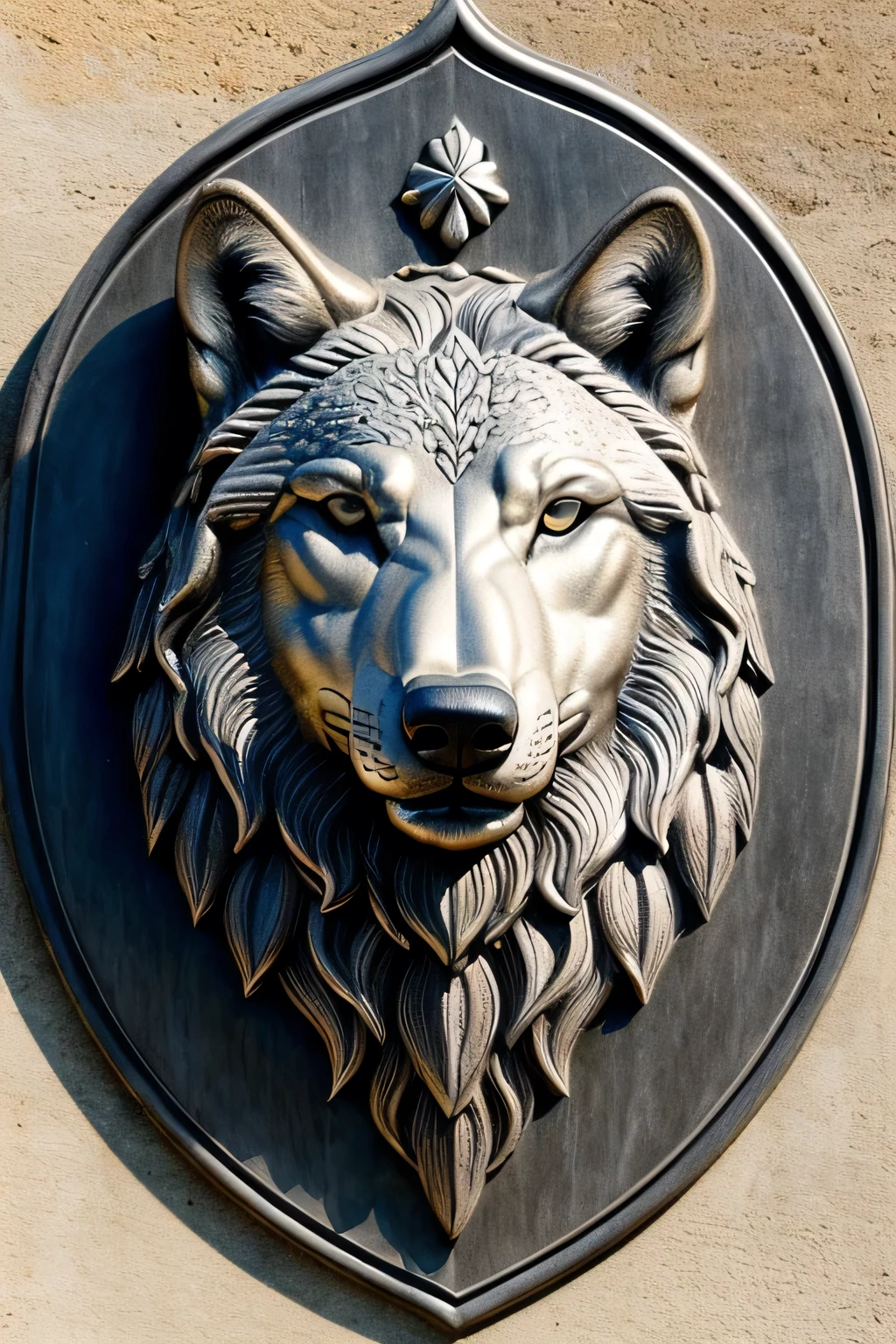 A majestic gray wolf's coat of arms, belonging to a noble lord. ((detallado)), ((realista)), ((espesa textura)), ((frente)), ((cercano upANGLE)), ((centrado)), ((corte profundo)), ((luz natural)), ((execucao perfeita)),
The intricate and realistic design of a gray wolf's coat of arms, proudly owned by a noble lord. ((textura gruba)), ((pecas individualmente definidas)), ((pelo gris escuro)), ((ojos amarillos vividos)), ((manchas grises)).
((imagen centralizada)), ((cortada en relieve)),