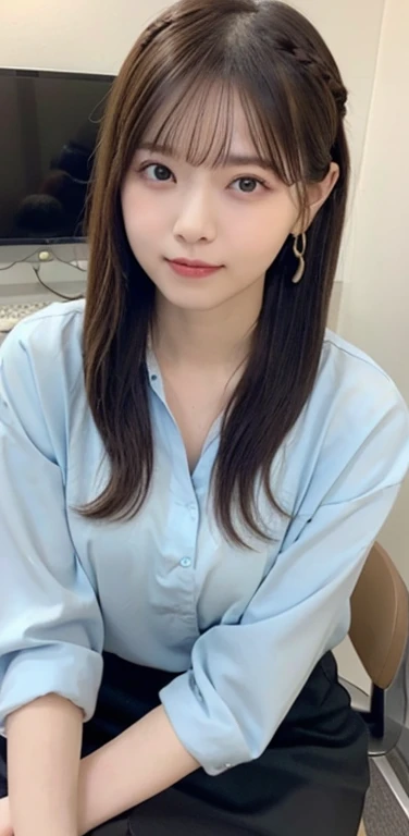 masterpiece、highest quality、8k,Ultra-high resolution、RAW Photos、Ultra-high resolution、日本people、beautiful girl、1people、woman, (Braided top knot,Twisted Side Part Ponytail Braided Headband,Half Up、Braided Space Van,Voluminous fishtail braid,Twisted pan),(Asymmetrical bangs)、 (Ultra-realistic),Round face、 Fine and beautiful eyes、double eyelid、Thin eyebrows、(eye shadow(Shrimp brown))、Rich dreamy make-up、Thin lips, (Loose fitting blouse)、 (Micro Mini Skirt(Light blue))、A kind smile, Professional photography, Cinematic Light, (Very beautiful face: 1.2),(Large Breasts:1.2)、Saggy breasts、Cleavage、Exposed thighs、Voluptuous thighs、Smooth calves、、daytime office、In front of the computer、sitting in an office chair、Head to knee photo