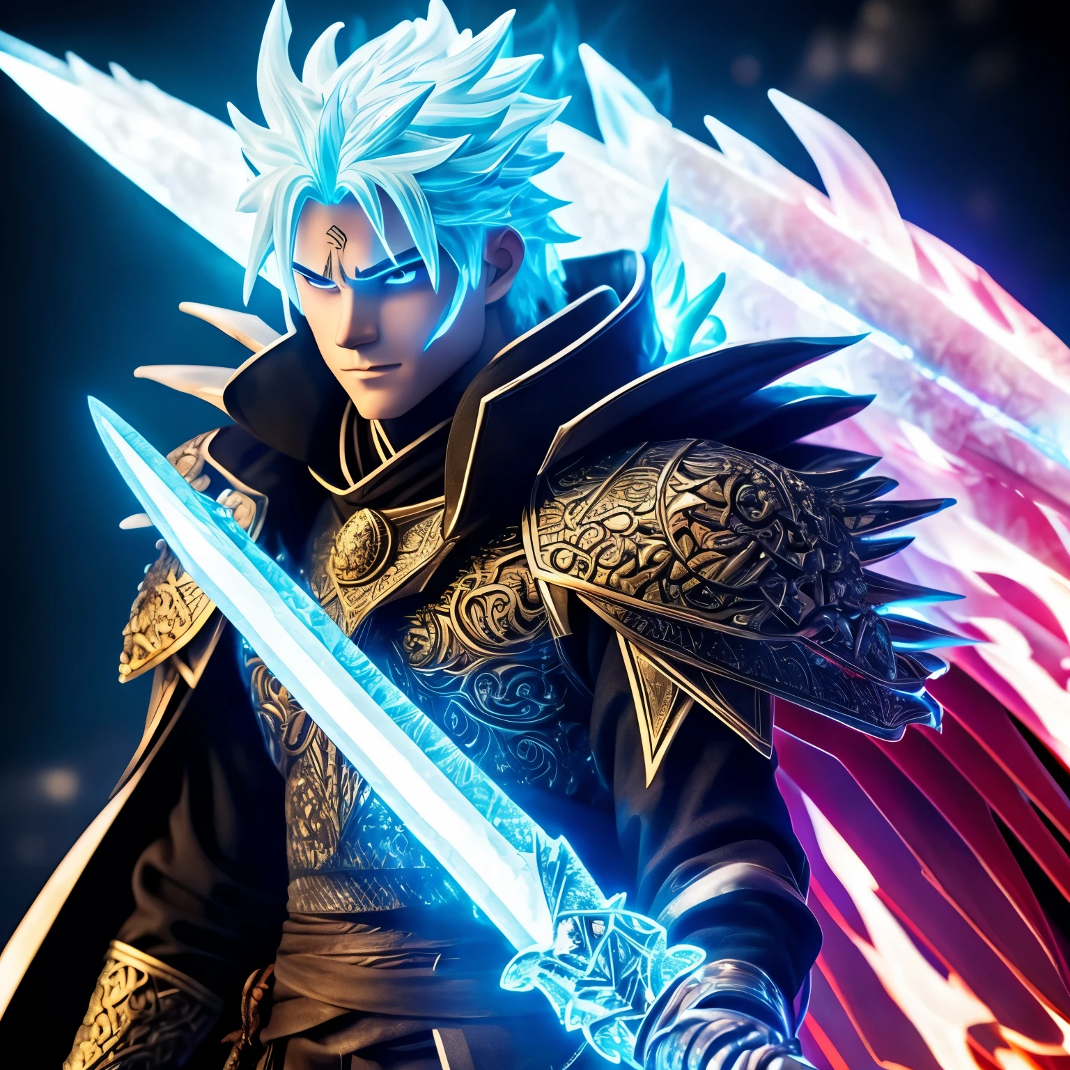 Ice and fire god with ice crystals and little flames around his head with a flaming long sword and wings of fire Anime