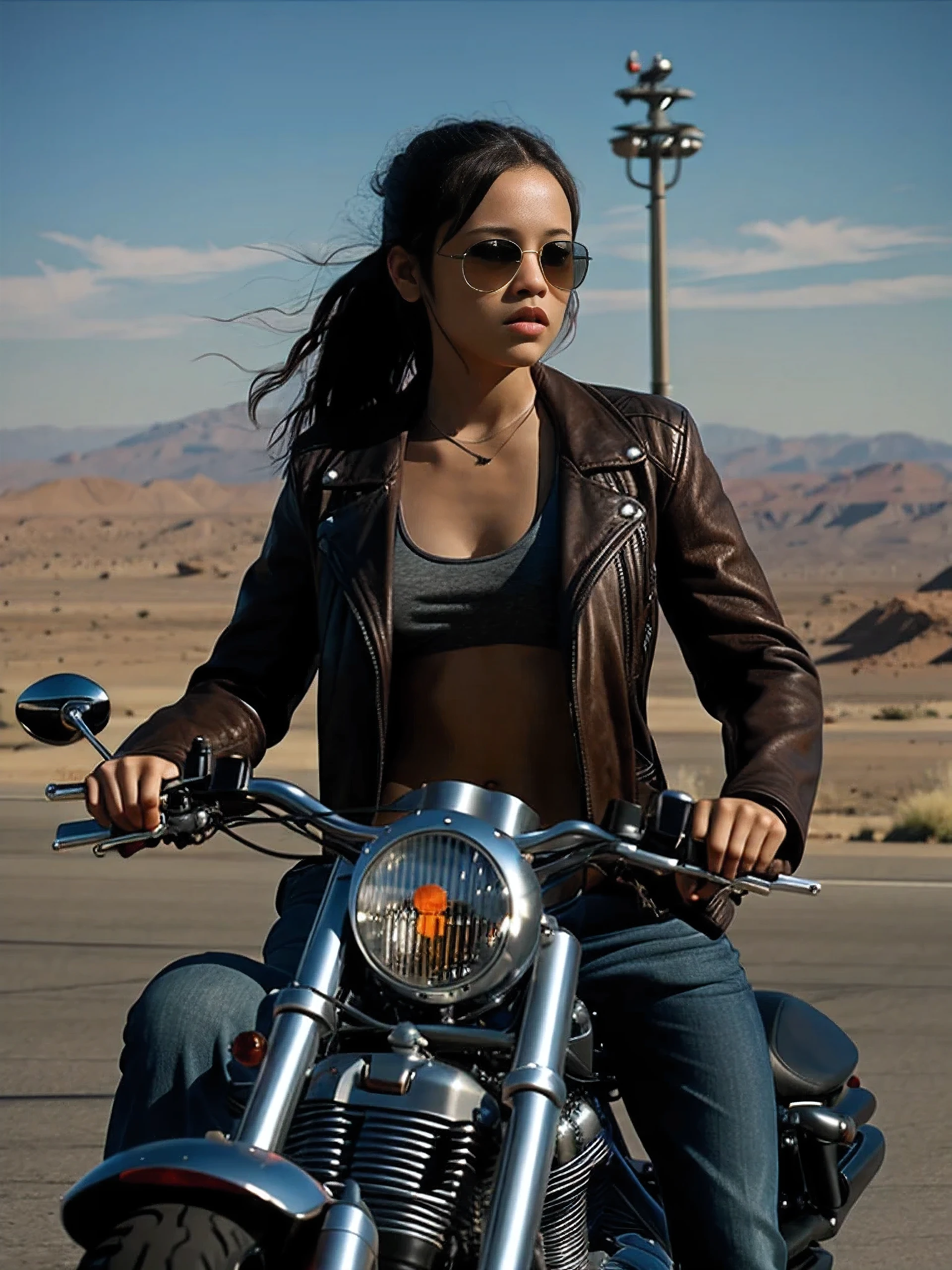 Jenna Ortega at the age of 19 as Terminator T 800 model 101, leather jacket ,aviator sunglasses, Shotgun in hand,riding a Harley Davidson fatboy motorcycle,HDR,8k render,still from the film, photorealism,style of the film Terminator