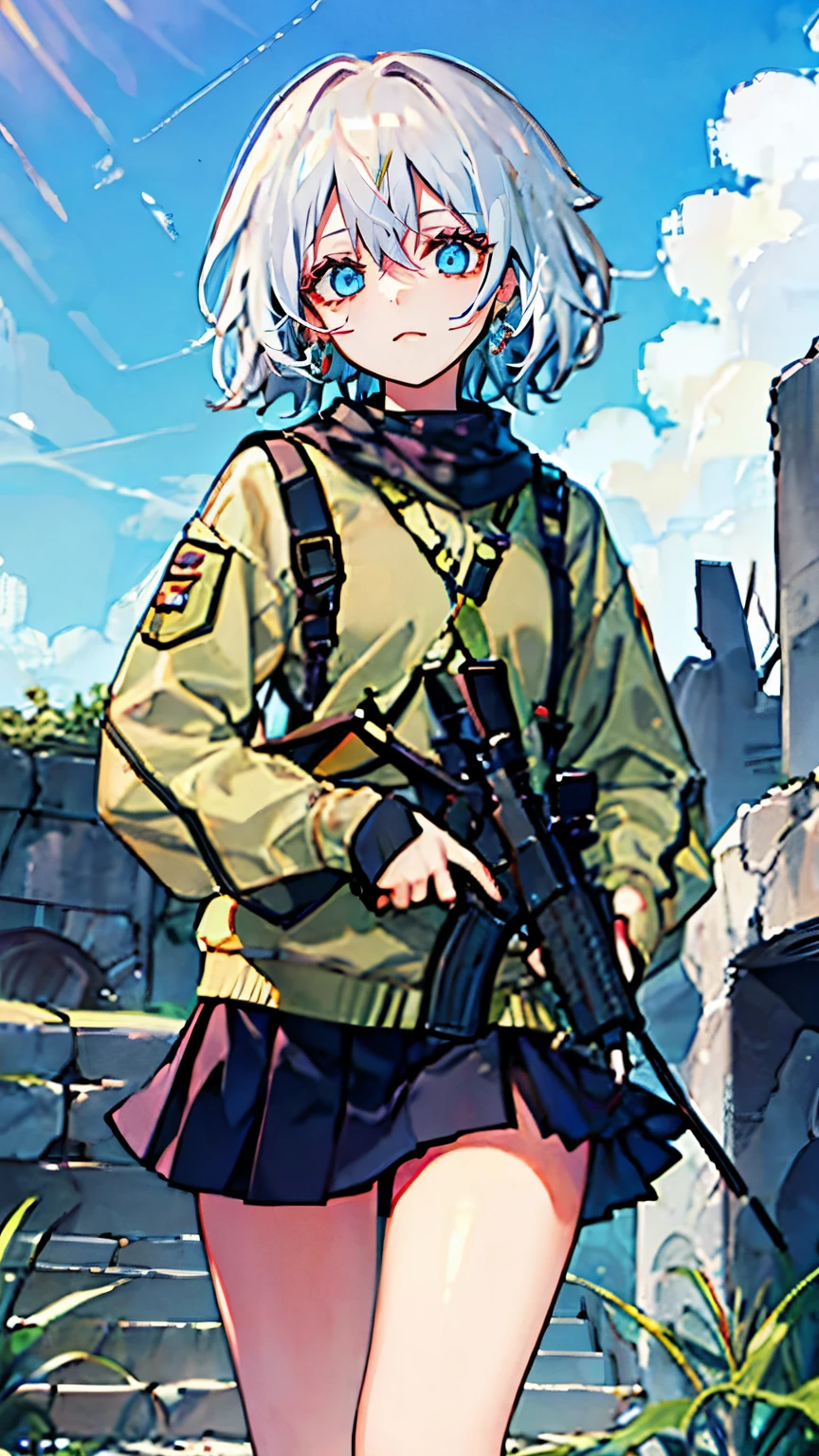 mini skirt.ruins.gun,military,high quality,Supermodel,close range