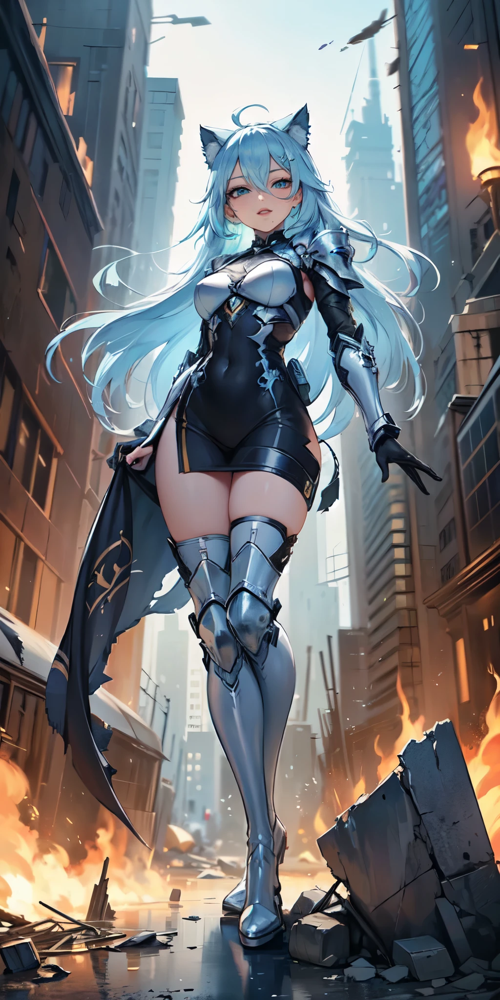 Masterpiece, beautiful art, 8k, art style by sciamano240, very detailed face, detailed clothes, detailed fabric, 1girl, beautiful face, asymmetrical long hair, light blue hair, space armor , thigh boots , very detailed blue cat eyes, hero stance , serious expression, destroyed city, full body view,