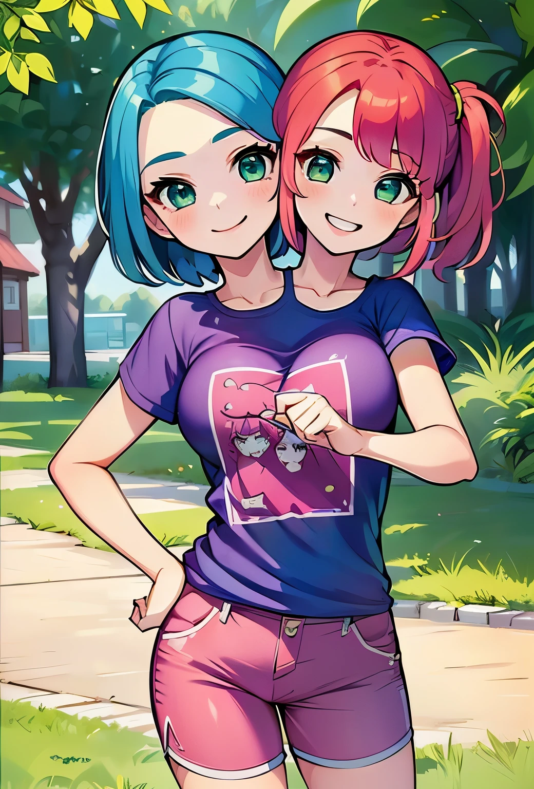 (masterpiece, best quality:1.24), best resolution, (2heads:1.5), (girl with two heads), 1girl, ((blue hair)), (red hair), cheerful carefree, smiling, ((purple t-shirt)), ((pink shorts pants)), teenage girl, blue pants, green eyes, long ponytail
