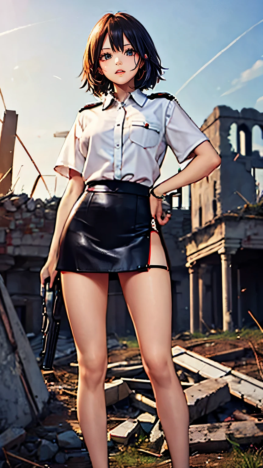 mini skirt.ruins.gun,military,high quality,Supermodel,close range