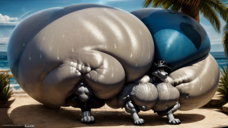 4k, high resolution, best quality, perfect lightning, perfect, solo, anthro, young, boy,white wolf:2.0, furry body, (fluffy mane:1.2), fluffy tail, male, adult, (bulky2:0, thick muscles2:0, huge muscles:2.0, hyper muscles:2.0), (thick biceps, veiny biceps, broad shoulders:2.0), (thick legs, thick calves:1.1), (digitigrade legs, 4 toes:1.2), perfect colors, (photorealistic fur, detailed fur, epic, masterpiece), (suggestive posing:1.2), (seductive smile, lustful grin 1.3), detailed beach,detailed wolf eyes:2.0, by k0suna, by darkgem,nipple ring,hyper arms:2.0,veins,white body,white fur,hyper butt:2.0,hyper paws:2.0,standing,thick legs,thick butts:2.0,sweat body:2.0,massive butt:2.0,black hat,hyper ass:2.0,huge ass,long legs,juicy butt:2.0,butt like a wall:2.0,fat butt,butt fill the whole picture:2.0,fat legs