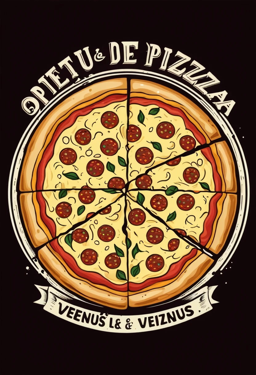 LOGO DE LA MITAD DE UNA PIZZA EN EL PLANETA VENUS CON COLORES VINTAGE Y la historia dioses griegos