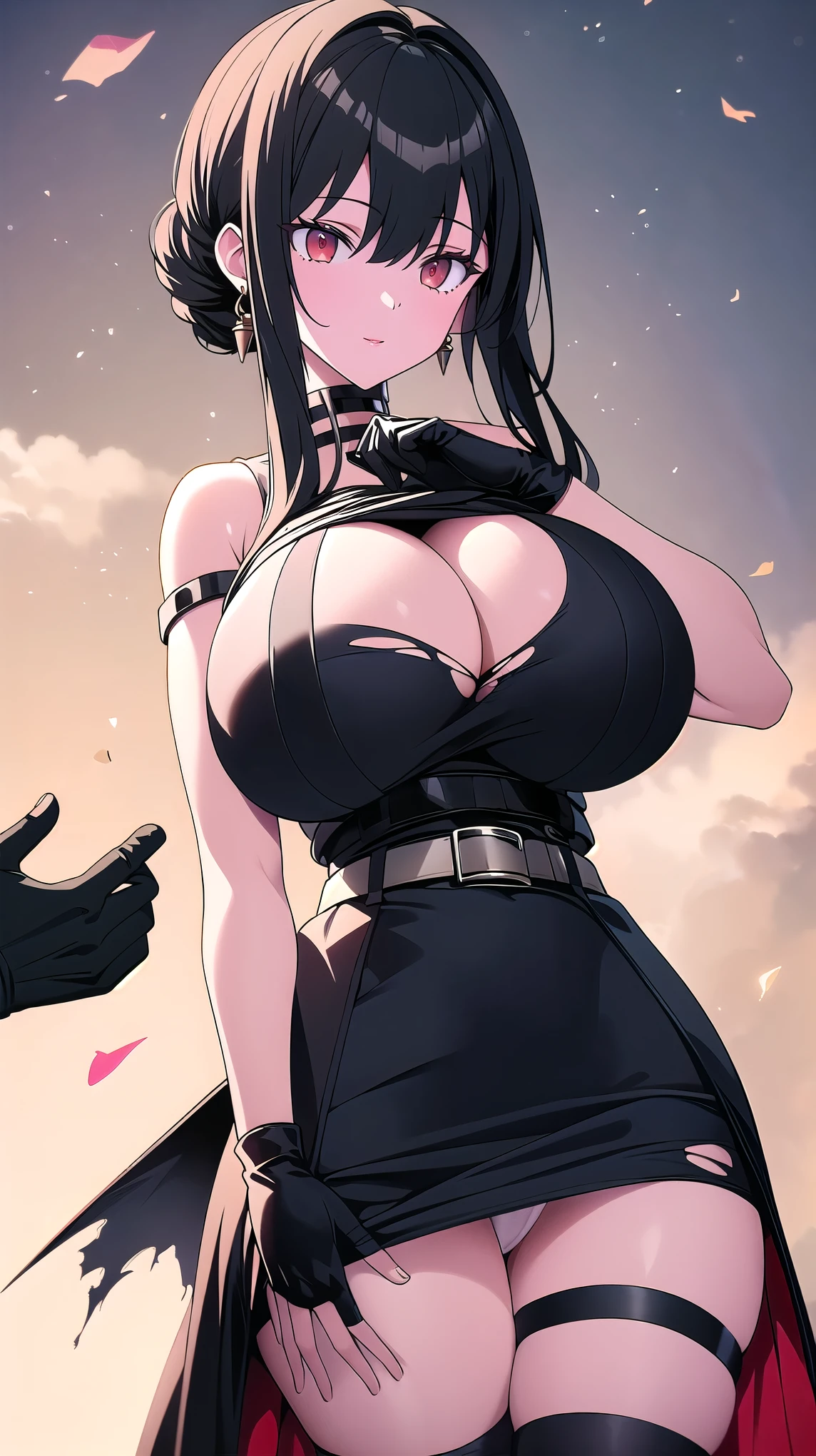 ((((Masterpiece)))), beautiful details, perfect focus, smooth 8K wallpaper, 4320p, high resolution, exquisite texture in every detail, perfect eyes very high detailed, perfect pupils, sclera_eyes_detail, eyes:1.2, human anatomy correct, pastel, hyper_detailed:1.5, (masterpiece), (picture-perfect:1.4), high_resolution, very_high_resolution, ((1girl)), (18 years old), solo, short_hair, black_hair, ((red eyes)), breasts, skirt, gloves, dress, bare shoulders, ((((gigantic_breasts)))), outdoors, choker, (((black gloves))), belt, black skirt, clothes lift, black dress, thigh strap, white bra, ((translucent white sexy panty)), tight black thigh high stockings, ((torn torn clothes)), skirt lift, lifted by self, black belt, ((from_below)), sitting pose, ((spread lengs)), open-lengs, realhands, realfeet, 5fingers hands perfect: 0.8, ((((well drawn and drawn hands: 1.2)))), 5toes feet perfect, perfecteyes eyes, abs abdomen, yor forger Spy family,