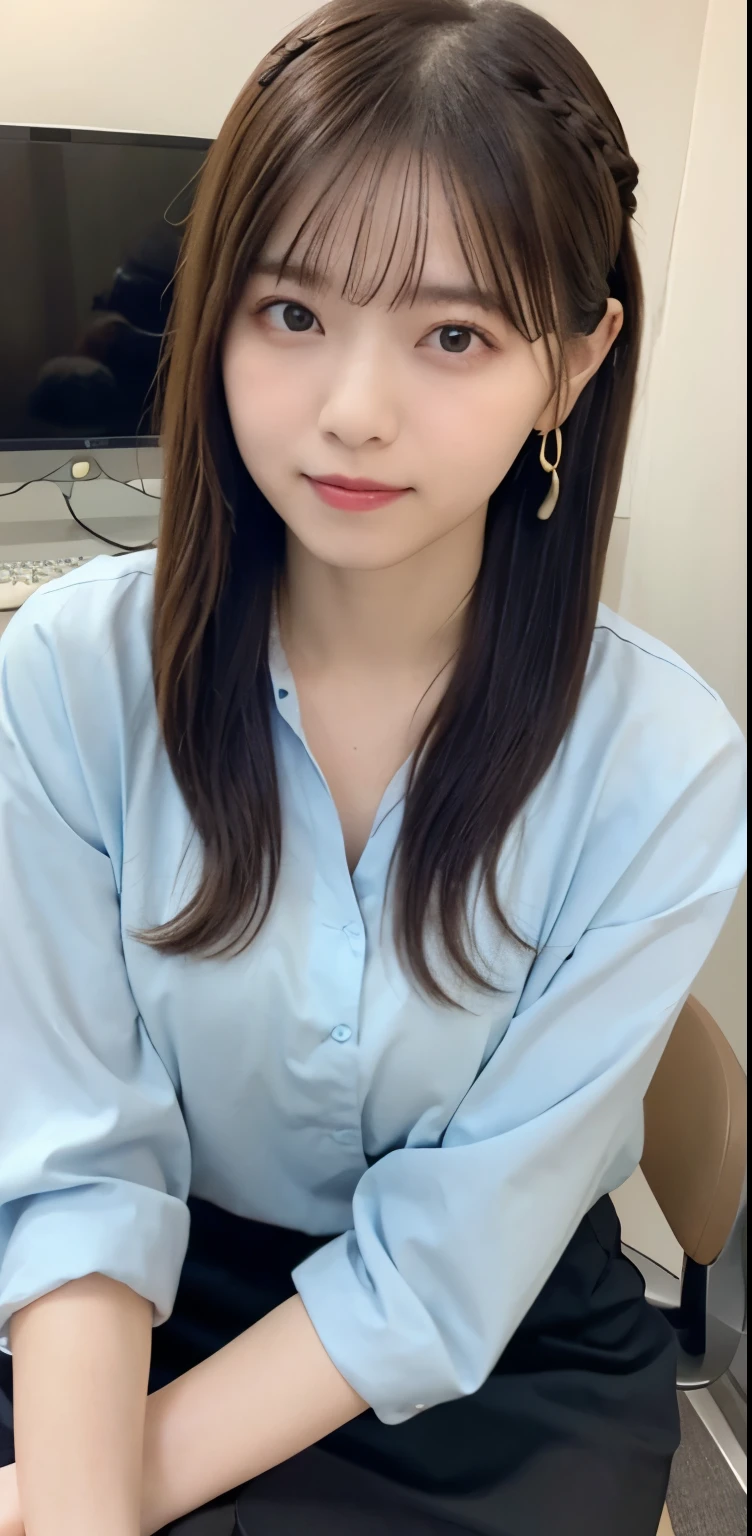 masterpiece、highest quality、8k，Ultra-high resolution、RAW Photos、Ultra-high resolution、日本people、beautiful girl、１people、woman, (Braided top knot,Twisted Side Part Ponytail Braided Headband,Half Up、Braided Space Van,Voluminous fishtail braid,Twisted pan),(Asymmetrical bangs)、 (Ultra-realistic),Round face、 Fine and beautiful eyes、double eyelid、Thin eyebrows、(eye shadow(Shrimp brown))、Rich dreamy make-up、Thin lips, (Loose fitting blouse)、 (Micro Mini Skirt(Light blue))、A kind smile,  Professional photography, Cinematic Light, (Very beautiful face: 1.2),(Large Breasts:1.2)、Saggy breasts、Cleavage、Exposed thighs、Voluptuous thighs、Smooth calves、、daytime office、In front of the computer、sitting in an office chair、Head to knee photo