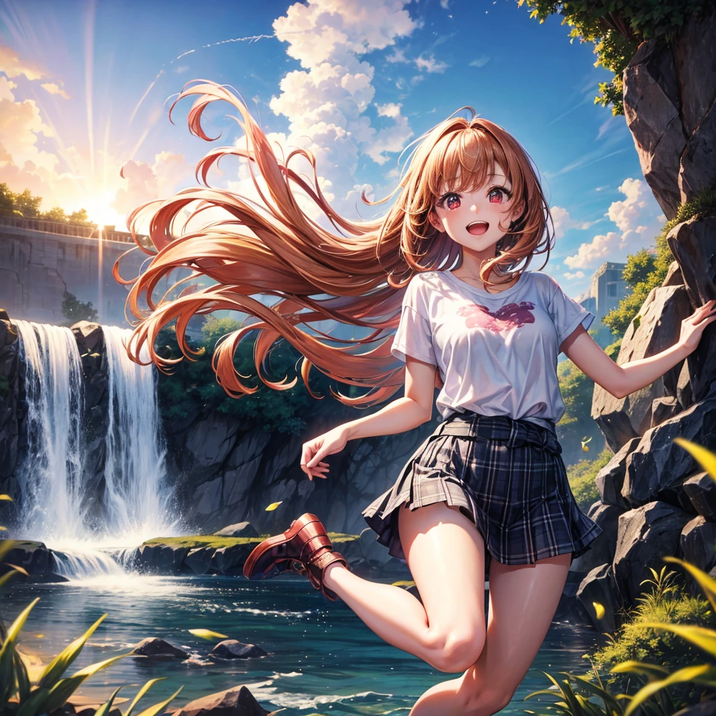 Pink gold golden hair、Red eyes、One good looking girl、solo、anime、Checkered mini skirt、The skirt has buttons、Blue camisole、White T-shirt、Jin、Wearing a ribbon、Ribbon on waist、Tilting face、Teeth are visible、waterfall、waterfallの裏側、tunnel、Sunset sky、I have a single-lens reflex camera、Jumping off