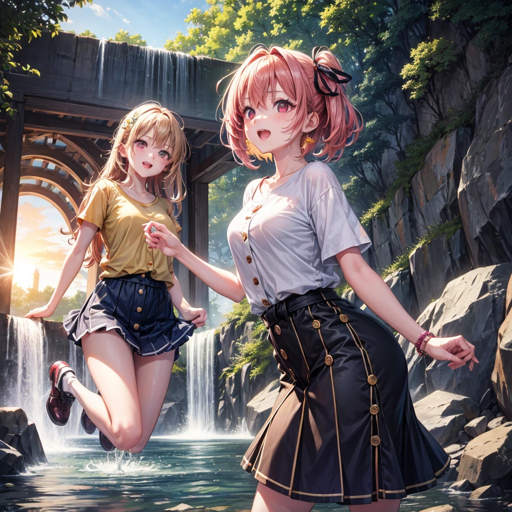 Pink gold golden hair、Red eyes、One good looking girl、solo、anime、Checkered mini skirt、The skirt has buttons、Blue camisole、White T-shirt、Jin、Wearing a ribbon、Ribbon on waist、Tilting face、Teeth are visible、waterfall、waterfallの裏側、tunnel、Sunset sky、I have a single-lens reflex camera、Jumping off