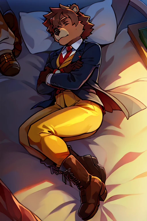 boy, bear, furry, bodyfur, blazer, yellow tights, gloves, boots, bed, sleep