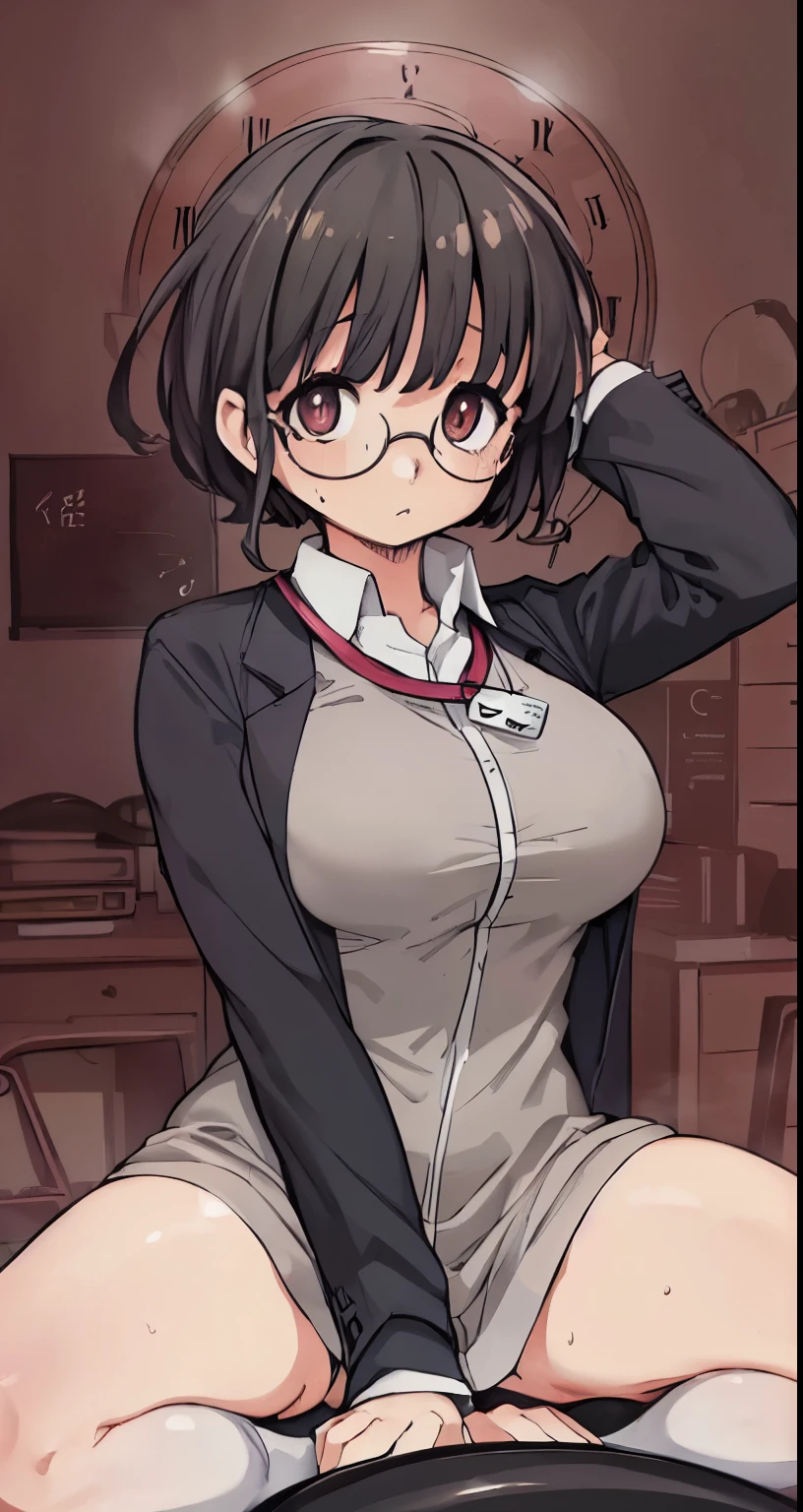 highest quality,(8K Portrait),(Official Art)、obesity、((short hair))、blush,((isark hair)),(Sweat),Black knee socks、One Woman,((:is))、hot、Office Room、Glasses、(Crouch:1.7)、(Wide-open legs:1.5)、whole body、(Grey Clock Top:1.5)、Large Breasts、Hands behind head