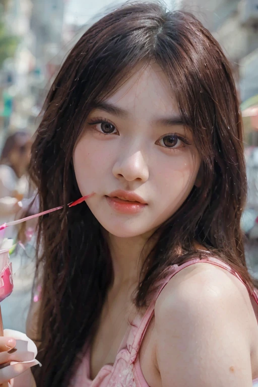 illustration,beautiful detailed eyes and face,long hair,perfect face,Thai girl,16 years old,soft pink lips,short red dress,vibrant colors,exquisite details,(best quality,4k,8k,highres,masterpiece:1.2),youthful look,licking ice cream stick,sexy posing