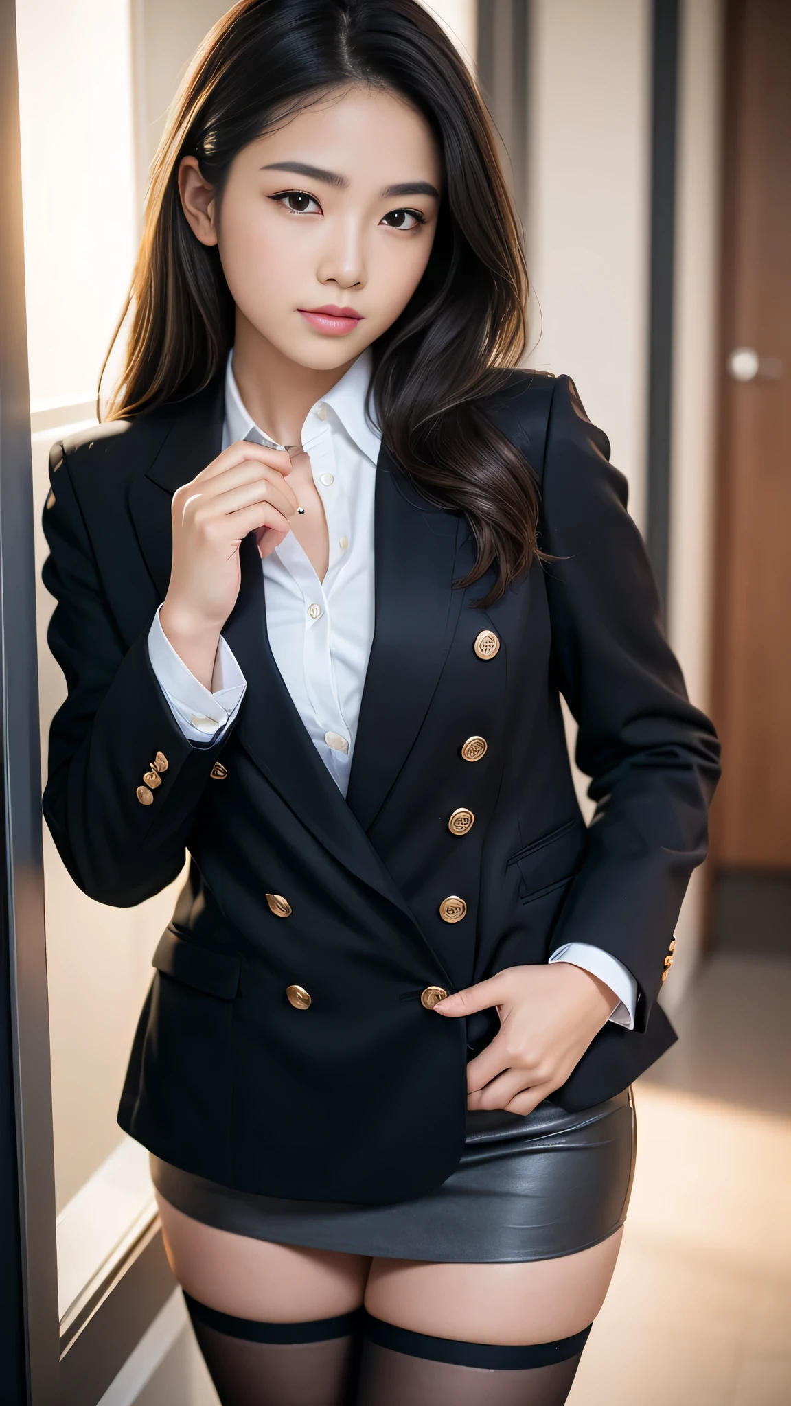 最high quality, masterpiece, 1 girl, Beautiful Face, (Photorealistic photography:1.3), Rim Light, (Skin with attention to detail:1.2), 8k UHD, Digital SLR, high quality, High resolution, 4K, 8k, Bokeh, Disorganized, The optimal ratio is four fingers to one thumb, (Genuine:1.3), Small face, pretty girl, Black Formal Blazer, Mid-breasted, Short skirt,office
