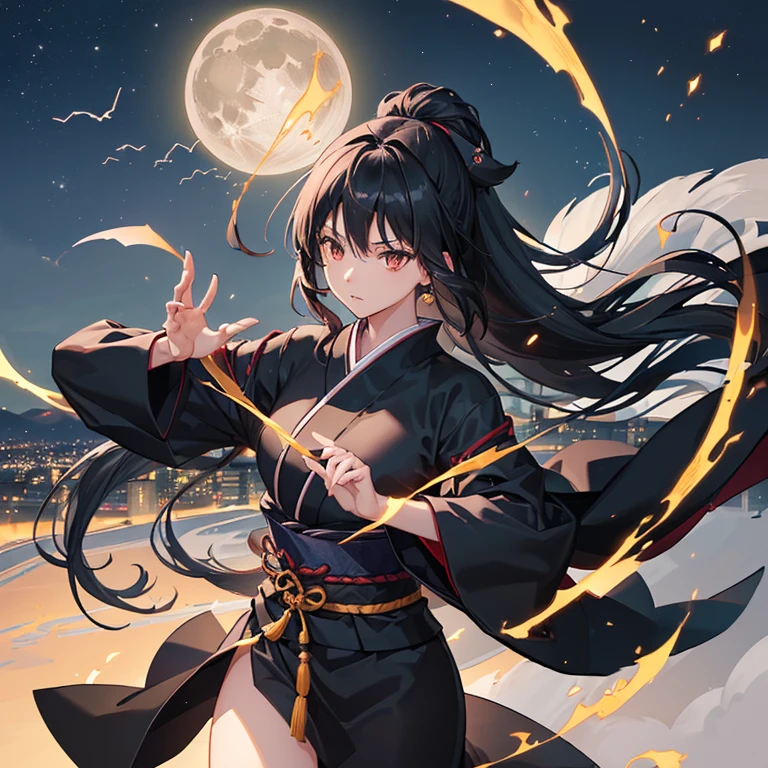 ((blackい髪 Long Hair black Kunoichi one person Lonely)) ((night Overlooking the city Japanese style old)) (Dance short sword) moon star Jump Aerial drop down) Draw your sword Slashing Catch the wind print