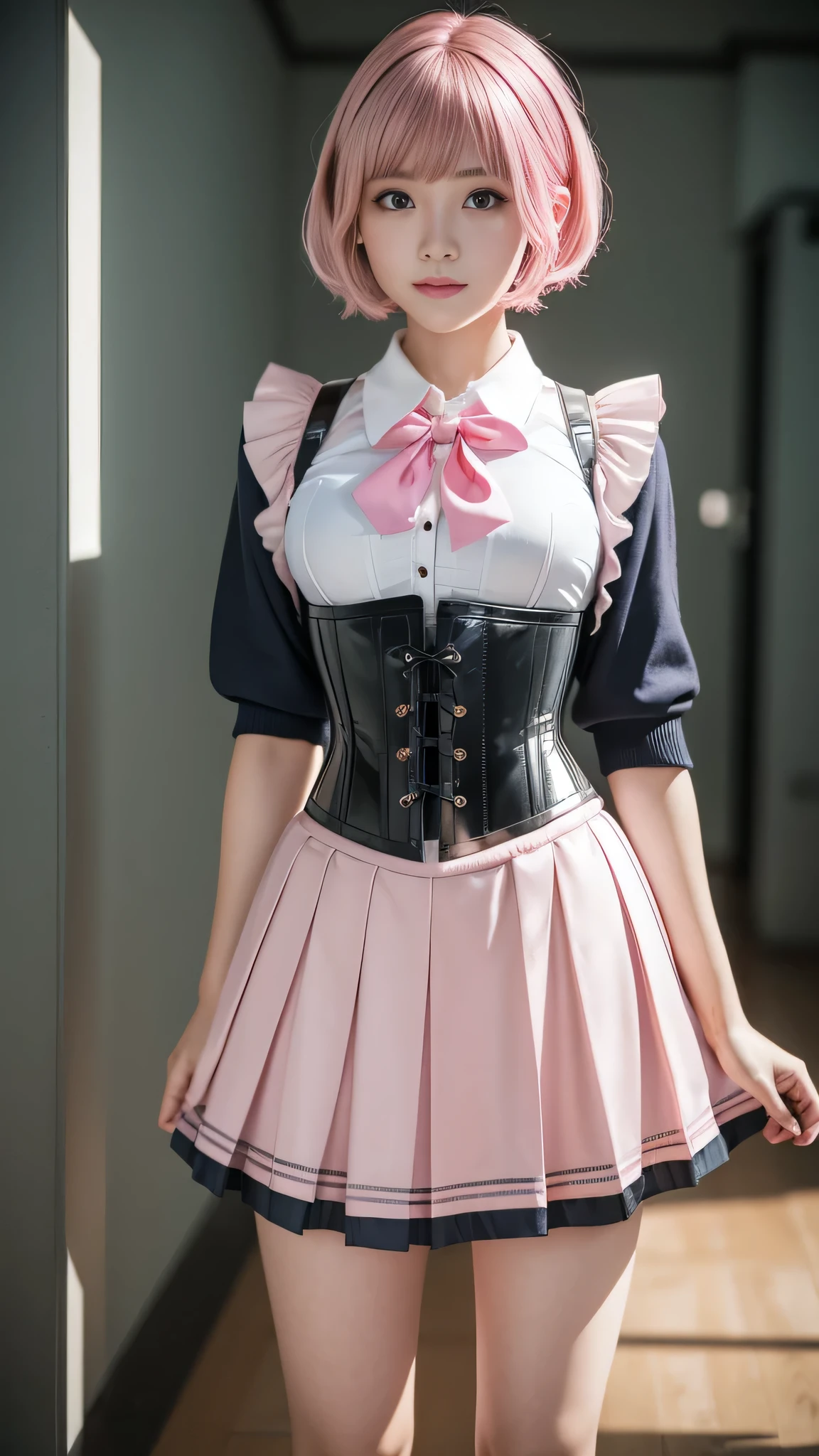 ((school uniform)), (Jumper skirt), ((corset)), (View your viewers), sexy, ((alone)), (1 female), ((Age 25)), ((highest quality)), ((masterpiece)), (Familiar), Perfect Face, 8k , (Cowboy Shot), short hair, (((Pink Hair 1.5))), Bobcut, black eye, Beautiful Princess, smile, Thin thighs, Medium chest, Perfect limbs, ((Metallic costumes)), sexy, Are standing,