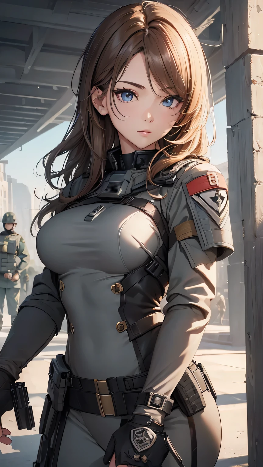 (((masterpiece))),(((High resolution)))、(((8K)))、(((perfect face)))、(((woman modern soldier having modern weapon))), look at the camera, thighs, ((top quality eyes)), ((detailed eyes)), ((detailed face)), (detailed texture)