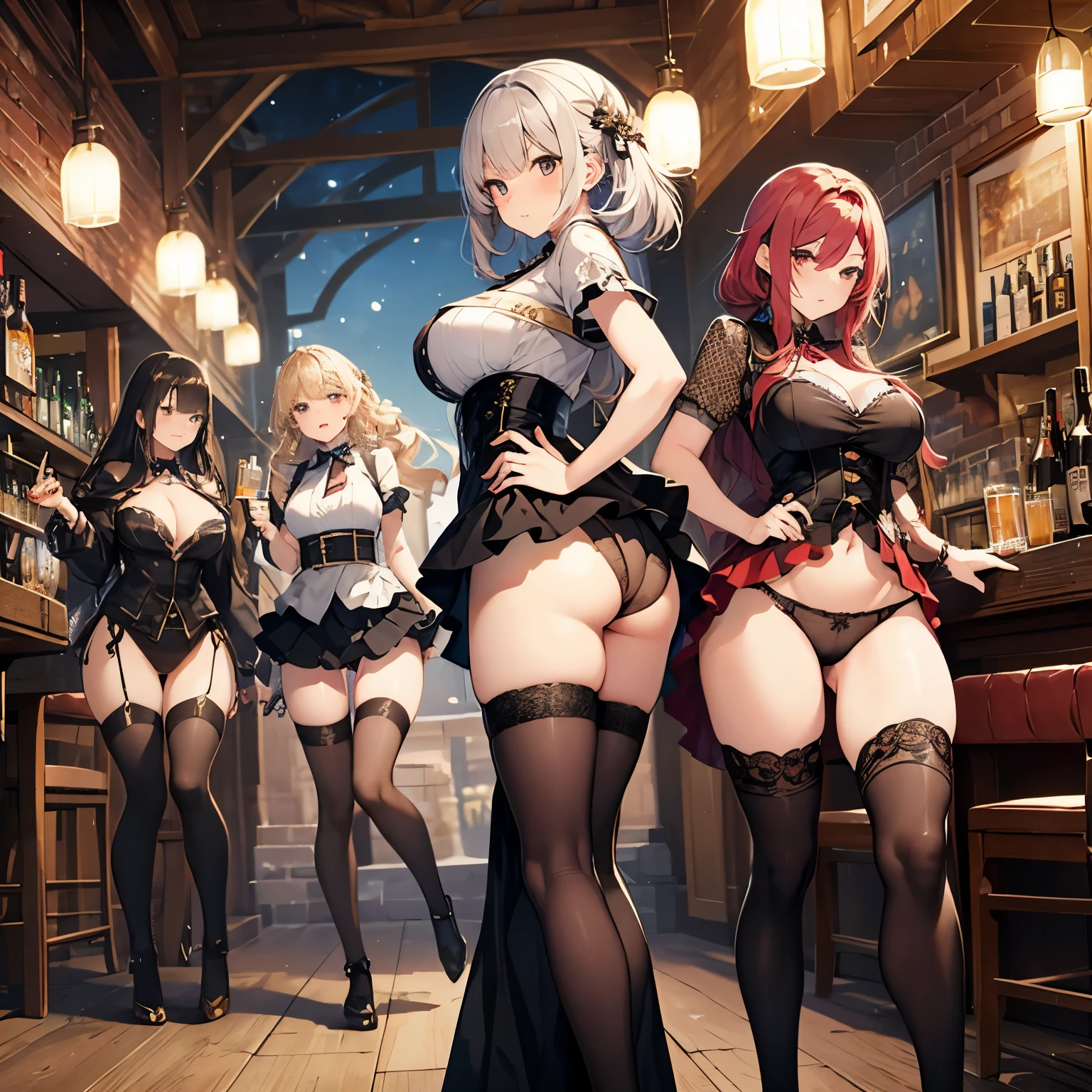 A group of female dancers set in a medieval fantasy setting、 (At the pub), Mr.々Hair style, Harem, night, Detailed aspect, Short skirt, Seduce, No sleeve、showing off panties、Huge Breasts、Big Ass、wide waist width、Pulling up her skirt