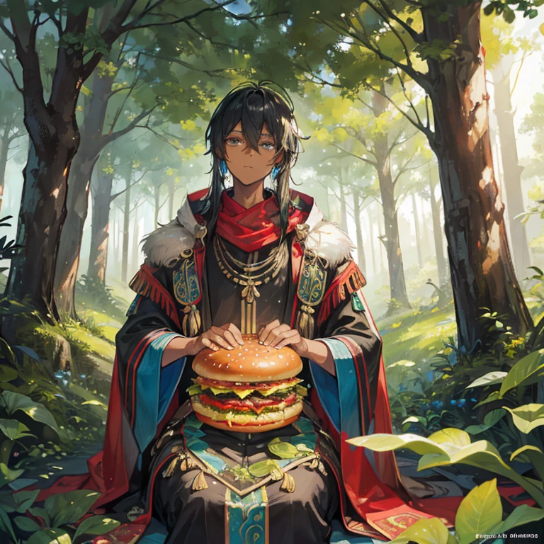 (best quality), (super fine), (masterpiece), illustration, (young man), in the forest, shaman, black skin, wearing shaman's decoration, praying，In front of you is a huge KFC hamburger,