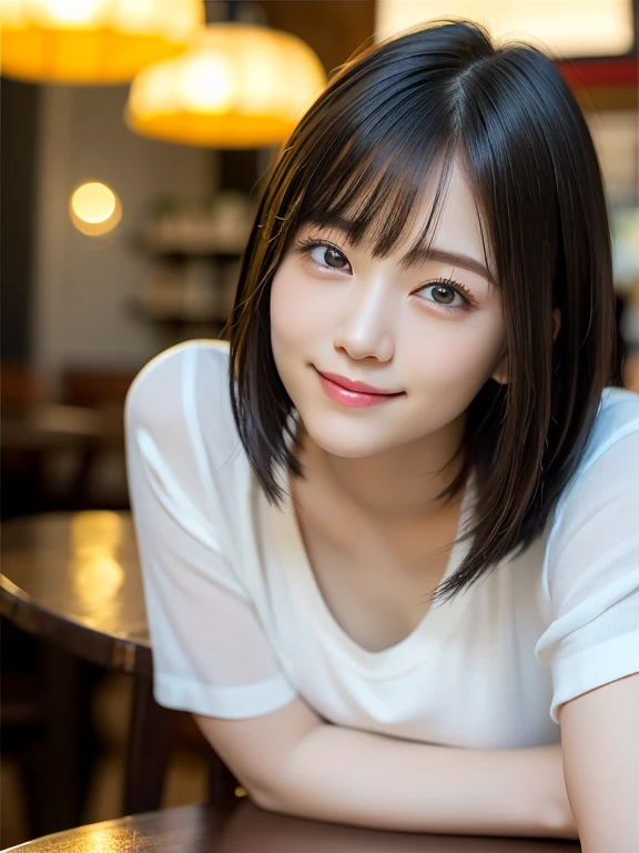 (highest quality:1.5)、(Realistic:1.5)、(1 person:1.5)、Very detailed、High resolution、8k wallpaper、、(Leaning forward)、forward leaning posture、Leaning forward、Cute woman wearing a shirt、Small breasts、Natural color lips、Cute smile、Japanese women、20 year old girl、Thin eyebrows、Beautiful and elegant face、cute顔、cute目、Big eyes、Fair skin、Beautiful and elegant face、Natural Bangs、Beautiful and thin nose、Beautiful Skin、Medium Bob Hair、Natural Bangs、Perfect and beautiful face、Slim face and figure、（Looking at the camera with a cute expression）、(Bright lighting)、Professional Lighting、 (Lighting from the front)、Natural smile、Beautiful clavicle、cute胸の谷間、Natural smile、cute、Brightly lit cafe、