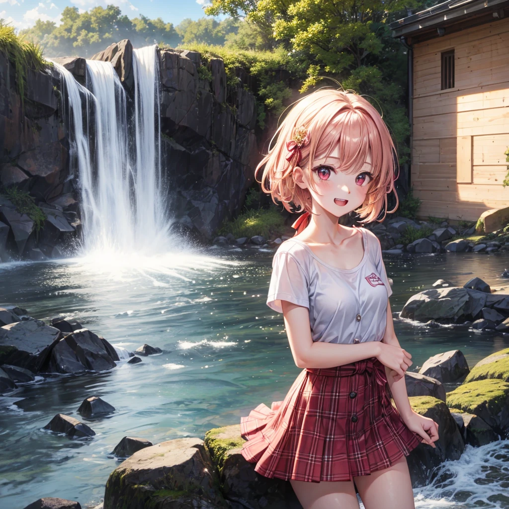 Pink gold golden hair、Red eyes、One good looking girl、solo、anime、Checkered mini skirt、The skirt has buttons、Blue camisole、White T-shirt、Jin、Wearing a ribbon、Ribbon on waist、Tilting face、Teeth are visible、waterfall、waterfallの裏側、tunnel、Sunset sky、I have a single-lens reflex camera