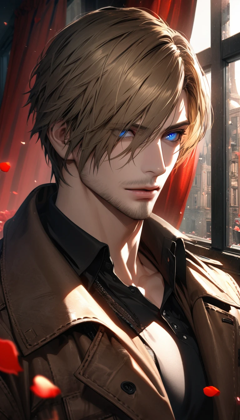 Ultra detailed, Highres, absurdres, HDR, Leon S Kennedy, blond-brown hair, expressive blue eyes, brown coat, Resident Evil 6, window, red curtains, petals, extremely handsome, sexy man, solo, very detailed eyes and face, black tight t-shirt, roses,