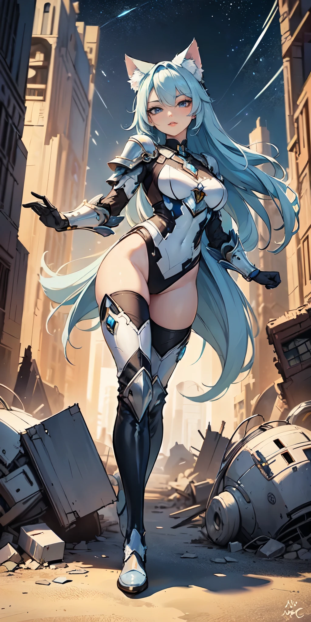 Masterpiece, beautiful art, 8k, art style by sciamano240, very detailed face, detailed clothes, detailed fabric, 1girl, beautiful face, asymmetrical long hair, light blue hair, space armor , thigh boots , very detailed blue cat eyes, hero stance , serious expression, destroyed city, full body view,